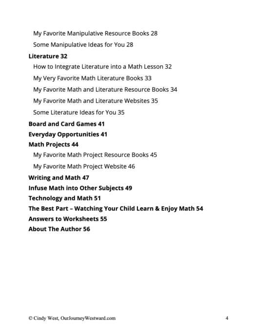 table of contents for homeschool math program